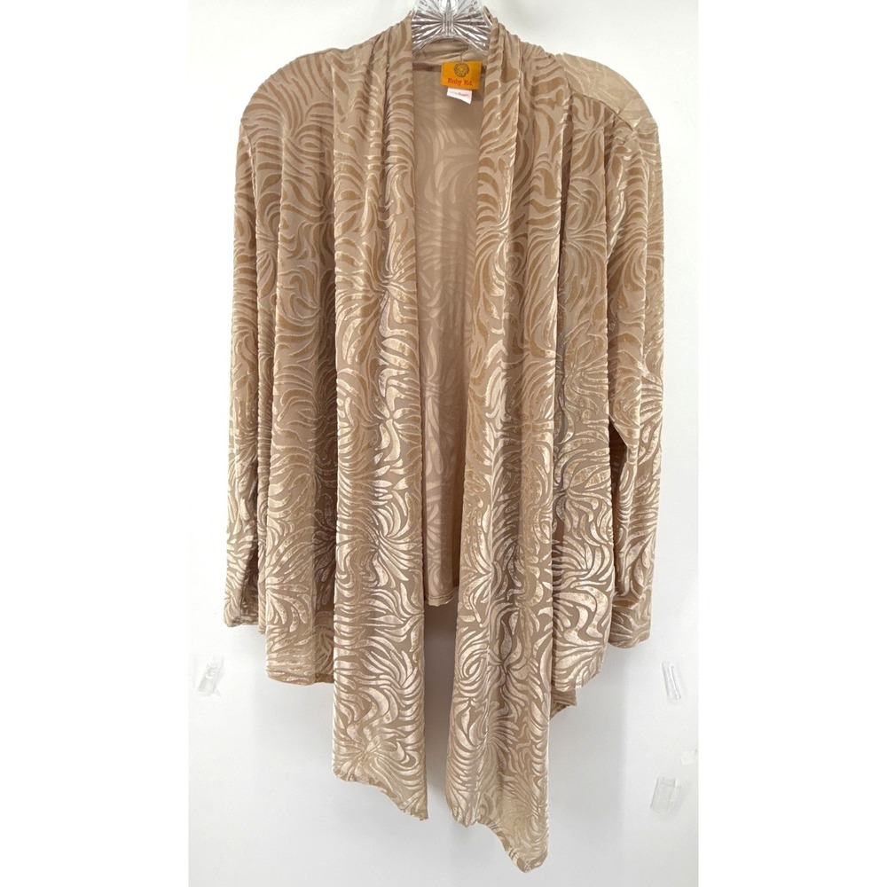 Ruby Rd Womens Large Tan Burnout Velvet Draped Waterfall Open Front Cardigan